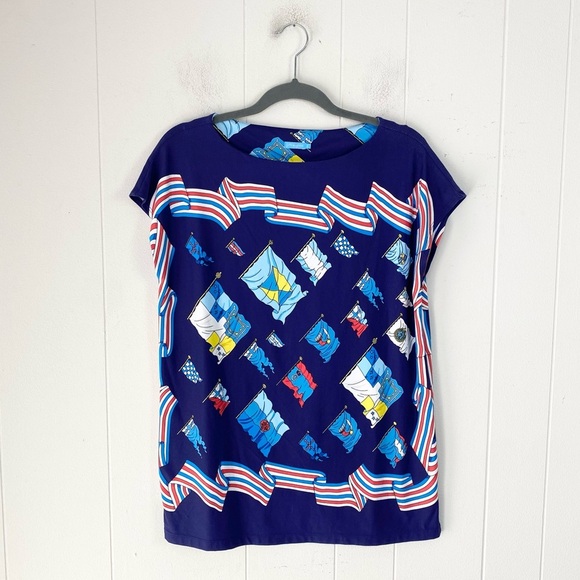 J McLaughlin Blue Nautical Flag Print Catalina Cloth Short Sleeve Top Sz Medium* - Picture 1 of 12